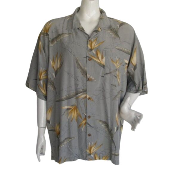 TOMMY BAHAMA Silk Shirt, XL, Gray Floral, Short sleeves, Camp cut, Button front - Picture 1 of 13
